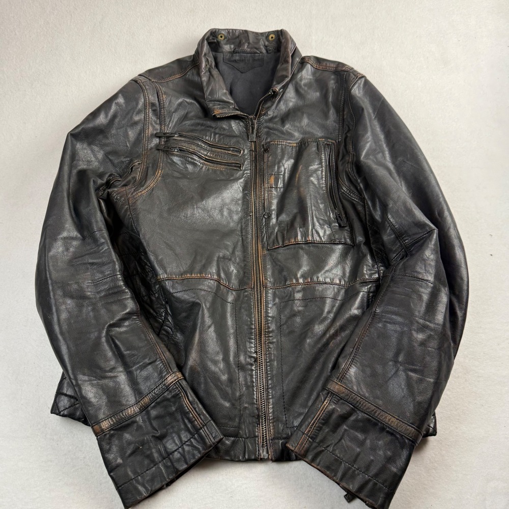 Rogue State Mens Distressed Black Leather Biker Moto Jacket Quilted Large L/G